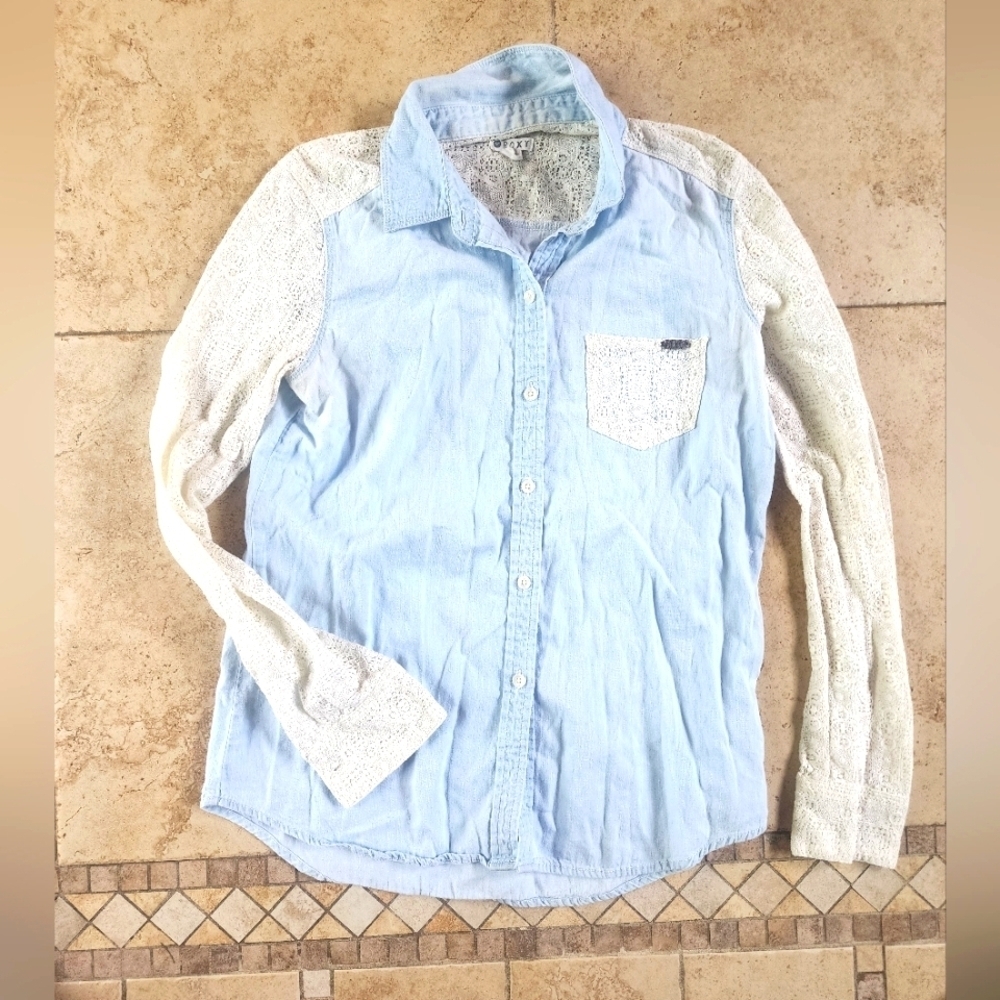 Roxy Light Blue Lace-Trimmed Button Up Shirt
